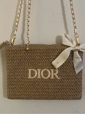 Dior Raffia Beige Crossbody Bag with Gold Chains and Ribbon